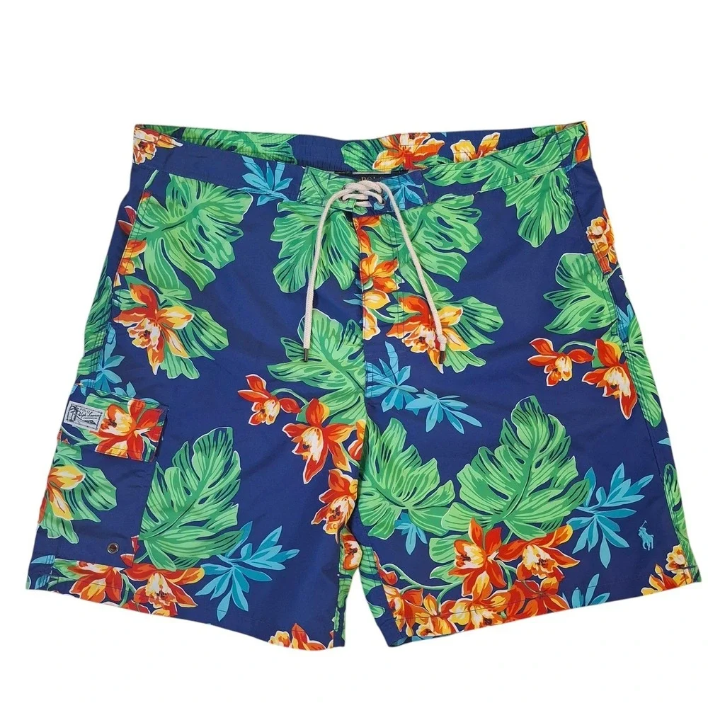 Polo Ralph Lauren Mens XL Blue Tropical Floral Swim Trunks Cargo Board Shorts 8